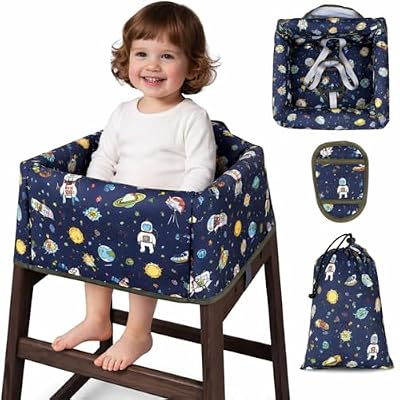Vahlbeste Baby High Chair Cover Restaurant with Strap Pads & 3-Point Harness, Machine Washable, Waterproof Portable Highchair Covers for Eating, Travel, Home Use (Blue-Space)