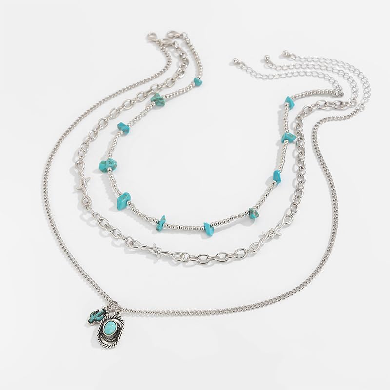 Western Silver Turquoise Necklaces Stack Vintage Country Cowgirl Cowboy Hat Beaded Layered Choker Necklace Boho Hippie Jewelry Accessories for Women - Image 6