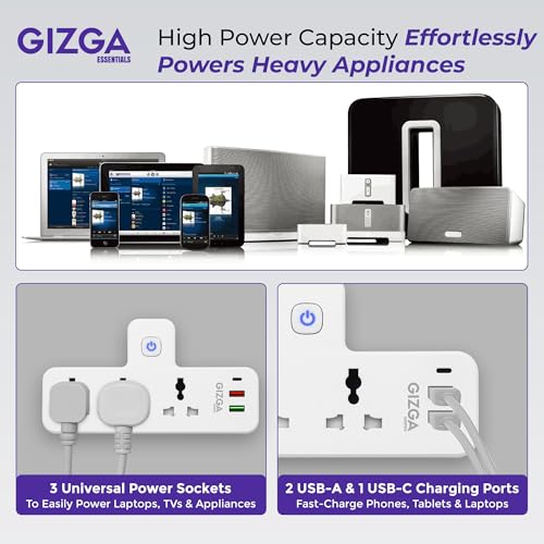 Image of Gizga essentials Power Extension Board: 3 Universal Sockets, 2 USB Ports & 1 Type-C, Surge Protector, Touch-Control Night Lamp, Child Safety, Flame-Retardant Housing, 10A Output, 250V