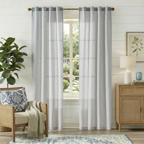 jinchan Linen Curtains for Living Room Blue on Beige Striped