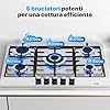 Piano Cottura a Gas 5 Fuochi Inox, Piano Cottura da Incasso 76 cm, 10500 W, Slim Profile, Protezione Flame-Out, Gas Naturale/Propano/Butano, 76x50x4.5 cm