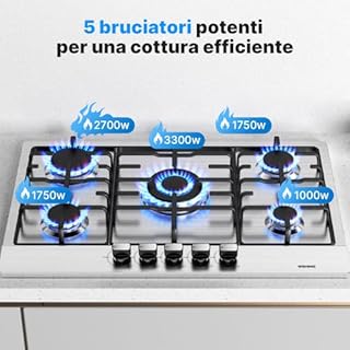Piano Cottura a Gas 5 Fuochi Inox, Piano Cottura da Incasso 76 cm, 10500 W, Slim Profile, Protezione Flame-Out, Gas Naturale/Propano/Butano, 76x50x4.5 cm
