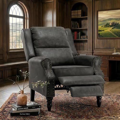 Image of Leather Recliner Chair, Pushback Recliner Chair with Adjustable Backrest Footrest, Mid Modern Reclining with Overstuffed Arms Lumbar Support for Reading, Living Room, Black