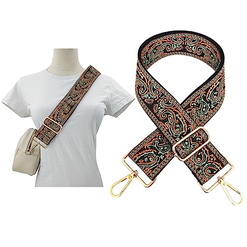 Image of 1pc Adjustable Strap Replacement 2inch Wide Paisley Jacquard Belt for Crossbody Purse Handbag Shoulder Guitar Camera Bag (Orange+Green)