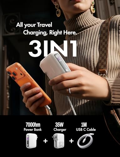 Image of LISEN 3 in 1 Travel Power Bank [2026 Aggregative] Portable Charger with Wall Plug,35W Powerbank Fast Charging with Extension Cable for iPhone 17 16 15 Pro Max Plus, Samsung Galaxy, iPad, Pearl White | Compact & Travel-Friendly Power Bank Wall Charger Long Cable USB C