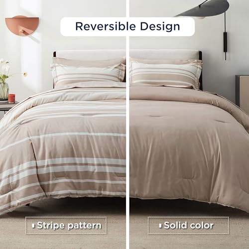 Image of Bedsure Queen Comforter Set 7 Pieces, Light Camel Striped Bedding Set for All Seasons, Reversible, Cationic Dyeing Bed in a Bag with Comforter, Sheets, Pillowcases & Shams