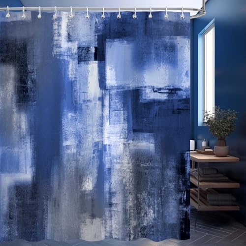 Jazeaoi Blue Abstract Oil Shower Curtain, Modern Art White Grey Painting Fabr...