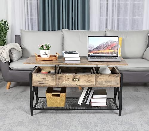 Lift Top Coffee Table With Storage, Lift Up Tables Wood Coffee Table Pull Up Top Rustic Pull Out Coffee Desk Lifting Top Pop-Up Storage Rising Tabletop Dining Table For Living Room Home #TOP5