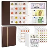 Jucoan 360 Pockets Coin Currency Collection Book Holder for Collectors, 300 Pockets Coin Collection Album and 60 Sleeves Paper Money Banknote Binder, Coin Currency Collection Supplies, Brown
