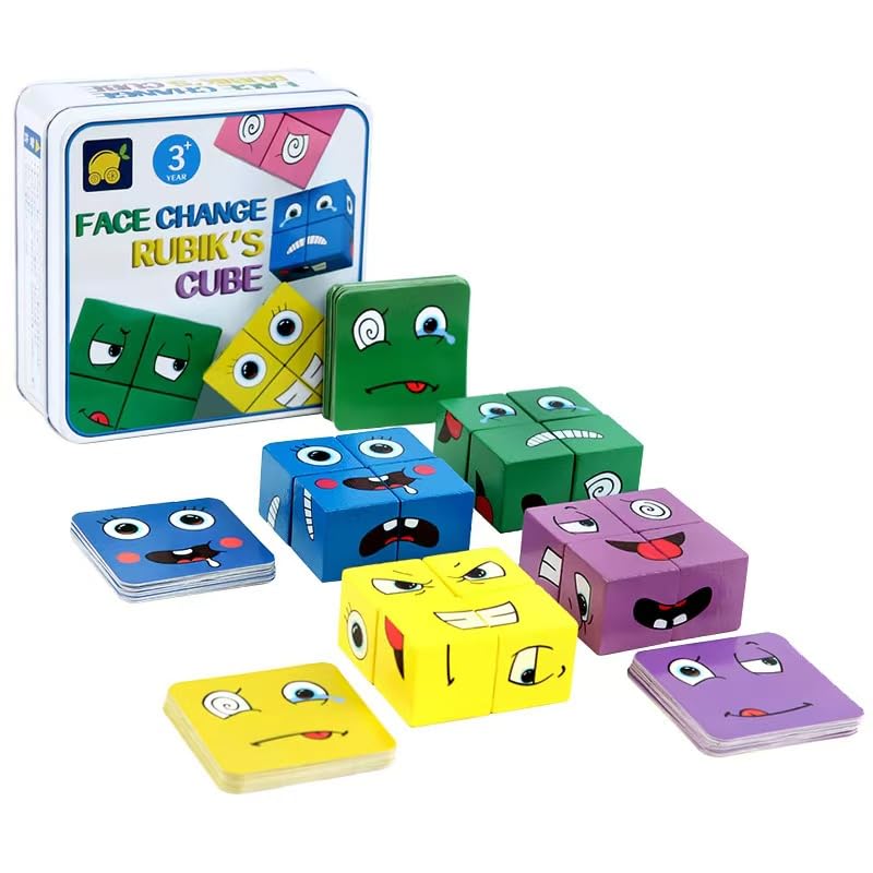 Wooden Face Changing Magic Cube Building Blocks Game Matching Expression Puzzle Toy Board Games for Family Night, Match Puzzles Geometric Educational Toys for Kids and Adults