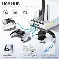 PS5/Slim/Pro Ständer für Disc & Digital, 3-stufiger Auto PS5 Lüfter und RGB LED mit PS5 Controller Ladestation für PS 5 & Edge Controller, PS 5 Zubehörsets mit 3 Ladeanschlüssen, Weiß – Ansicht 5