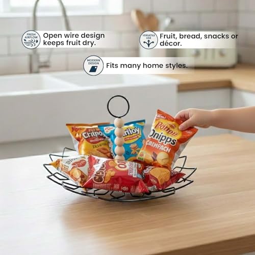 Image of Go Hooked Metal Fruit Basket with Detachable Wooden Bead Handle 26Cm | Decorative Wire Fruit Bowl for Home & Dining | Rust-Resistant Iron Basket for Fruits, Vegetables, Snacks & Home Storage
