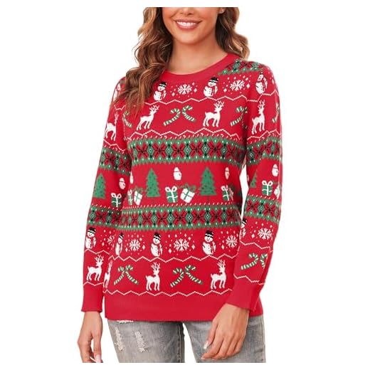 Totatuit Pull de Noël pour Femmes Chandail de Noël à Manches Longues Sweater d'hiver en Tricot Sweatshirt Renne Bonhomme de Neige Pullover Rouge，M