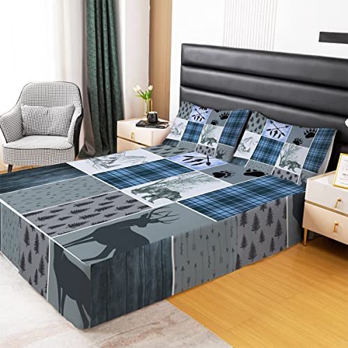 Rustic Farmhouse Bed Skirts King Size, Retro Cabin Lodge Bed Skirt Country Bear Deer Bedskirt For Kids Teens Adult Men, Hunting Wild Animal Plaid Checkered Bedding Set 3Pcs With 2 Pillow Cases,Blue #TOP1