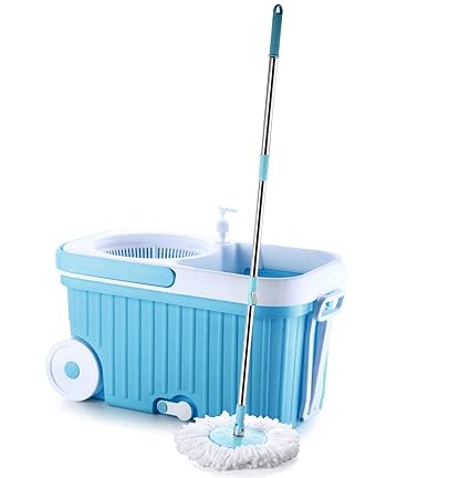 Ganesh Sporty Plastic Spin Mop with Rectangular Plastic Bucket Floor Cleaning Mop with Bucket,Easy in-Built Big Wheels & Big Bucket,Mopping Set(Blue, Set of 2 Microfiber Refills)