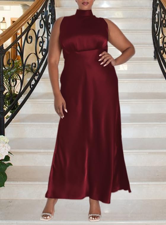 Summer Plus Size Mock Neck Satin Maxi Dress for Women 2024 Elegant Sleeveless Silk Dresses for Wedding Guest Cocktail 4X-Large Plus Burgundy