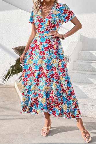 Image of PRETTYGARDEN Women's Summer Wrap Maxi Dress Casual Boho Floral V Neck Short Sleeve Ruffle Hem Split Beach Long Dresses