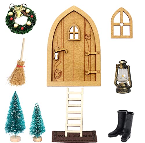 Kit de Porte de Lutin Miniature de Noël Miniature Maison de Poupée Porte de Lutin Lot de 10 Lutin De Noel Accessoire Maison De Poupée Miniature DIY avec Mini Porte en Bois Cover