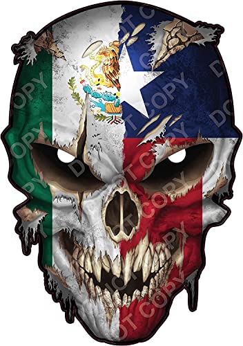 Image of Texas Mexico Skull Decal w /Reflective Eyes & Tex Mex Mexican Texan - Universal Auto Sticker for Car Truck SUV Body Side Window & Windshield - Decals for Helmet Hardhat Toolbox