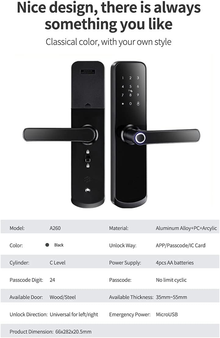 Fingerprint Door Lock Lock App Code Card Key Touch Screen Smart Door Lock Security Digital Electronic Lock (Color : D, Size : 55mm) (D 50mm)