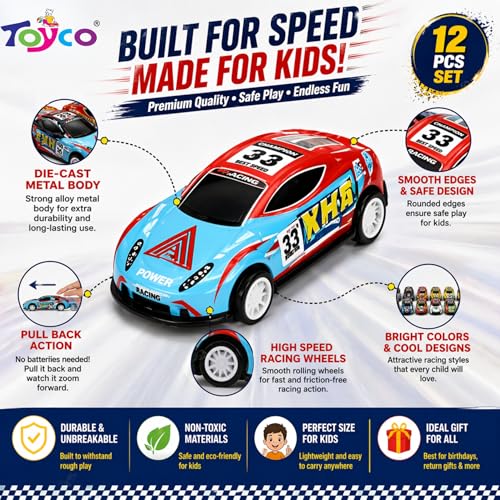 Image of toyco 12 Pcs Mini Metal Pull Back Cars for Kids 3+ Years | Small Toy Cars Set for Boys & Girls | Die Cast Racing Car Toys, Return Gifts, Party Favors, Birthday Gift, Friction Powered Mini Car