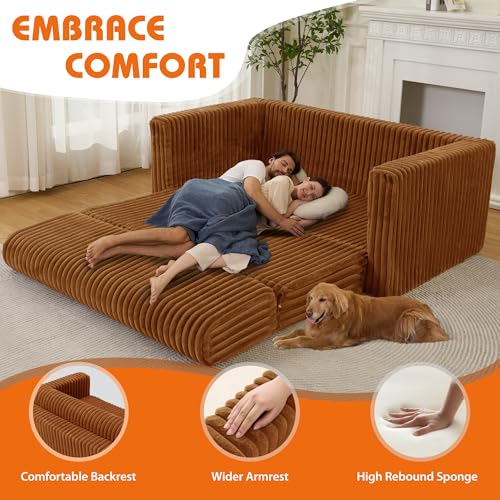 Image of HABUTWAY 49.8 inch Loveseat Boneless Couch, 4-in-1 Convertible Sofa Bed, Plush Fur Folding Futon Sofa Bed Couches Without Pillow for Living Room, High-Density Foam Support, No Assembly Required, Orange