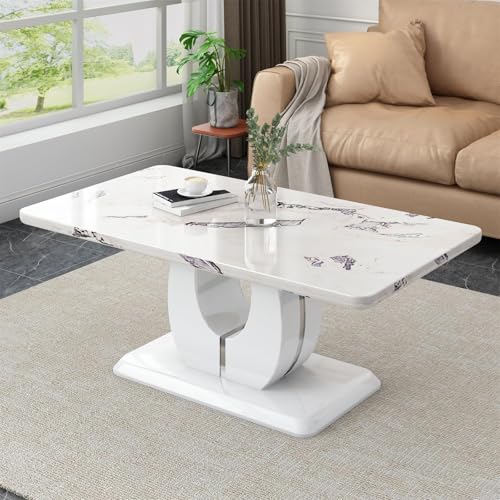 LKTART Rectangle Coffee Table for Living Room, Imitation Marble Coffee Tables with Storage, Modern Stable Base Accent Center Tea Table for Dining Room Small Space Apartment (43.3''L×22.4''H-White)