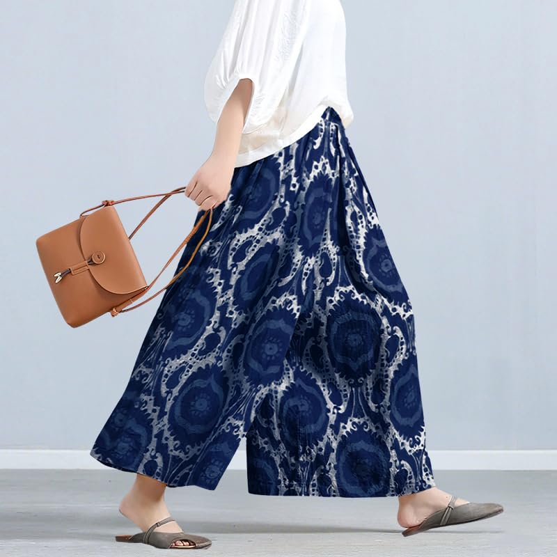 Image of chouyatou Women's Loose Floral Printed Cotton Crop Pants Elastic Waist Wide Leg Palazzo Trousers
