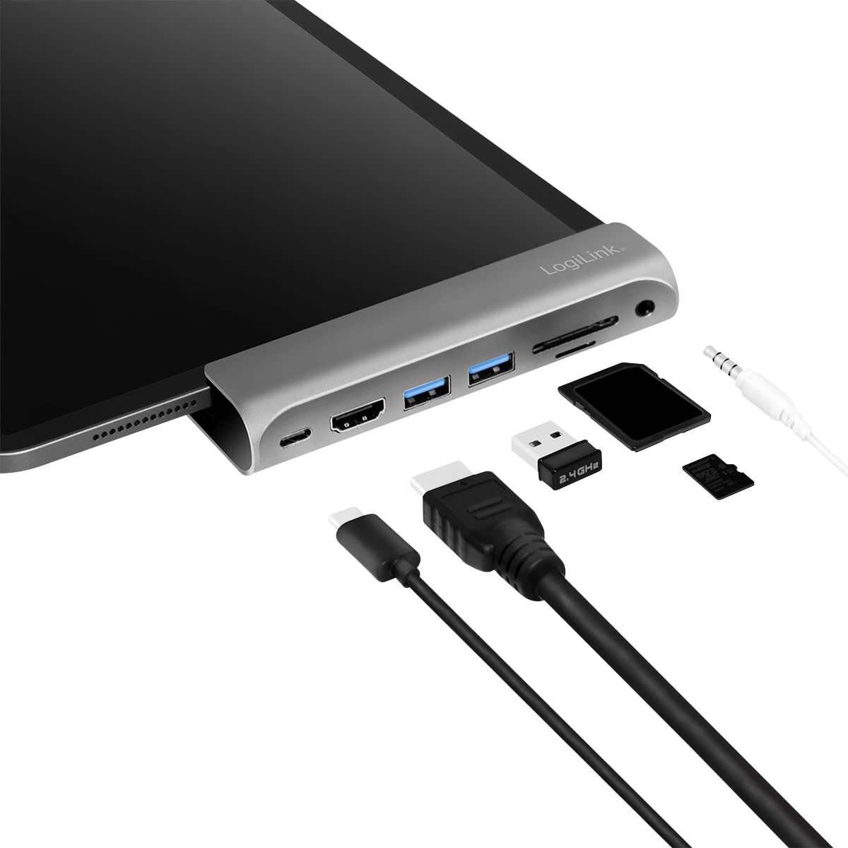 LogiLink UA0385 - USB 3.2 Gen 1 stacja dokująca do iPad Air, iPad mini i iPad Pro, 7 portów, USB-C PD, srebrna/czarna