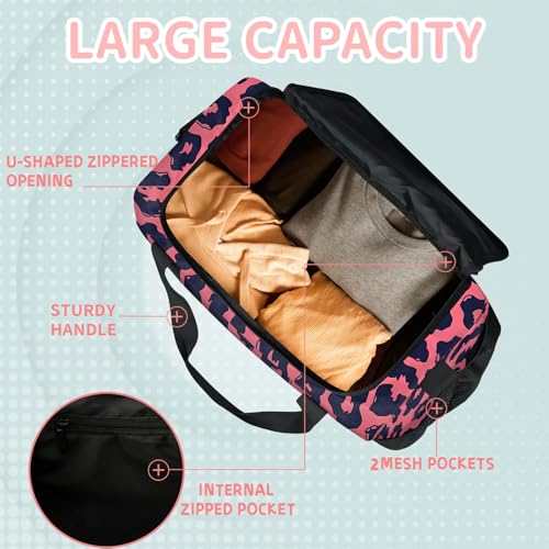 Travel Duffle Bags for Women with Shoulder Strap, Lightweight Waterproof Carry-on Luggage Bag for Travel, Gym, Sports, and Weekender (Pink Leopard Print)4
