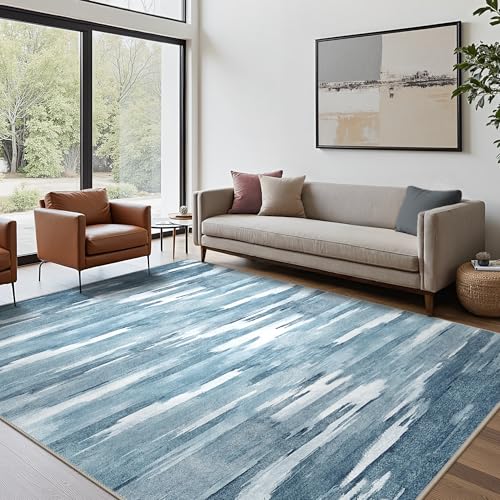 Area Rugs 8x10 Machine Washable Rug for Bedroom Living Room Dining Room, Large Modern Abstract Soft Rugs, Indoor Low Pile Carpet with Non Slip Rubber Backing, Glacial Blue