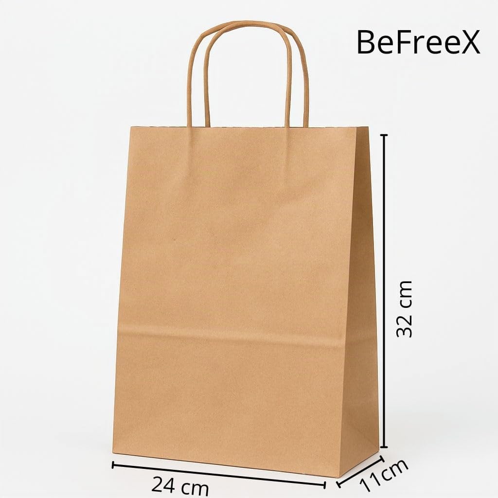 BeFreeX - Bolsas de papel kraft con asa rizada 24×11×32 cm | Pack 200 unidades | Bolsas papel pequeñas para regalo | Resistentes, personalizables y ecológicas