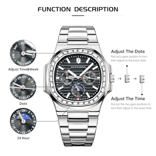 Image of Sapphero Watches for Men Waterproof Luminous Watches with Date Dial Chronograph Analog Quartz Movement Steel Stainless Business Wrist Watches Mens Gifts