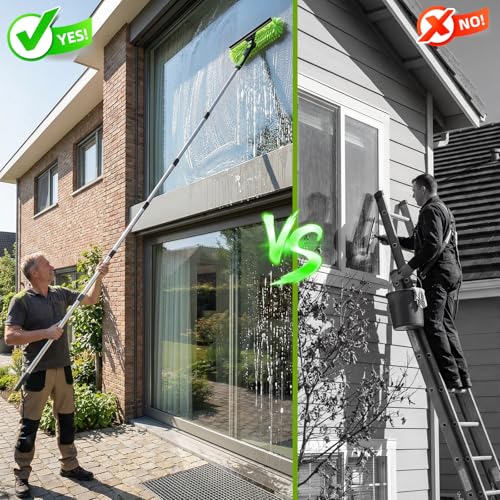 3M Fensterreiniger Set mit Teleskopstiel, 2-in-1 Fensterputzer Set mit 400ML Fensterreiniger, 180° Drehbaren Kopf, Profi Fensterabzieher für Bad, Dusche, Fenster, Glas, Spiegel, Auto