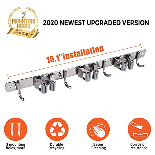 Mop Broom Holder- Wall Mount Stainless Garage Tools Organizer with 3 Racks 4 Hooks, Hold up to 20 Lbs, Organizers and Storage for Kitchen Bathroom and Garage. - Thumbnail 2