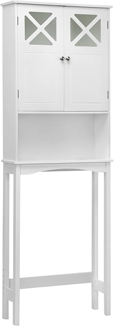 COSTWAY Over Toilet Cabinet, Freestanding Washing Machine Rack with Open Shelves and Door, Bathroom Space Saver Laundry Tall Storage Cupboard Organiser Unit (X-Shaped Tempered Glass Double Door)