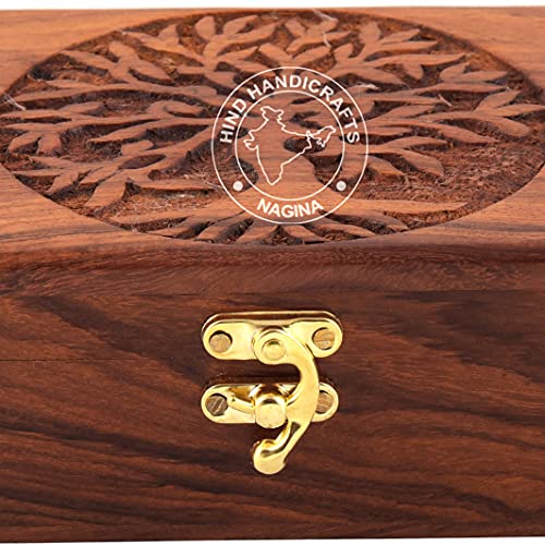 Image of Rosewood Handmade Wooden Urn Tree of Life Engraving Handcarved Jewellery Box for Women-Men Jewel | Home Decor Accents | Decorative Boxes | Storage & Organiser (7 inch x 5.5 inch x 3.5 inch, Tree - 2 Plane)