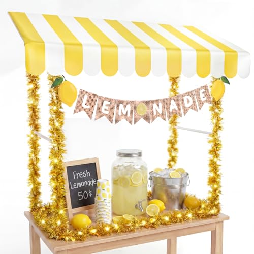Chunm 8 Pcs Lemonade Stand Supplies Lemonade Bar Kit with 1 Set Stand 1 Yellow and White Striped Sunshade Cloth 4 Yellow Tinsel 2 Banner Sign for Summer Party Supplies