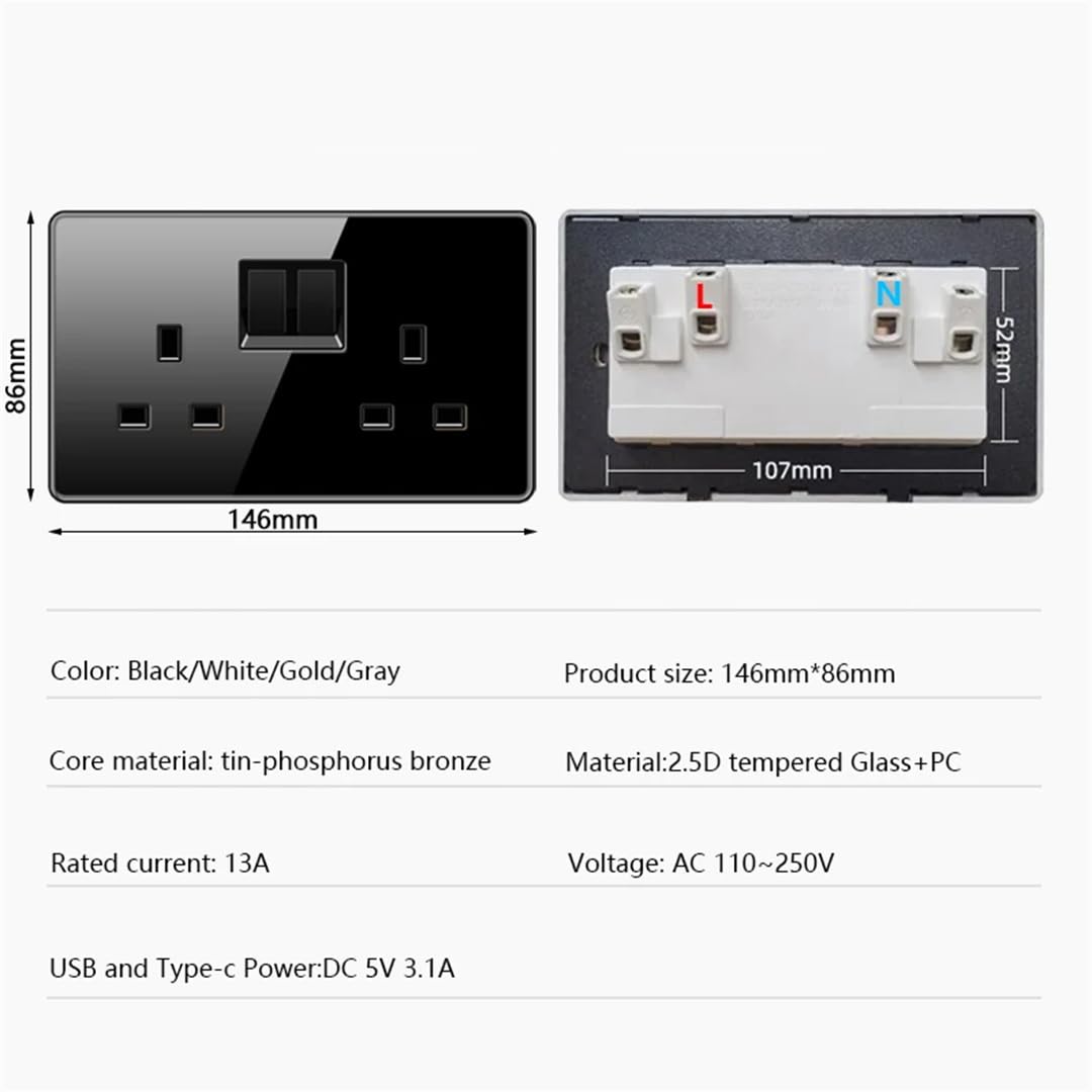 Prise Murale 13A Avec Prise De Charge Rapide Type-C 18W, Panneau En Verre, Double Prise Universelle Dual USB 13A-Black