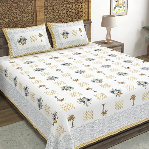 Image of BLOCKS OF INDIA Hand Block Printed 300 TC Cotton Super King Size Bedsheet(106 x 106) (Tree Mustard)