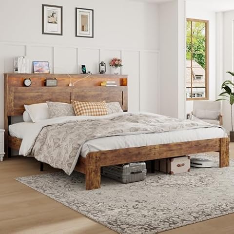 FSTAR King Size Wooden Bed Frame with Headboard, Farmhouse Bedframe with Charging Station & Led Lights, Heavy Duty Metal Slats, Noise Free, No Box Spring Needed, Dark Brown Cover