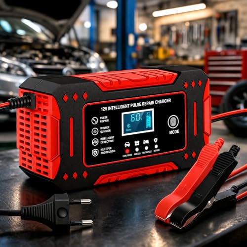 Carregador de Bateria Inteligente 12V 6A Premium Bivolt Display Digital para Carro Moto Caminhão com Proteção Contra Sobrecarga Curto e Superaquecimento