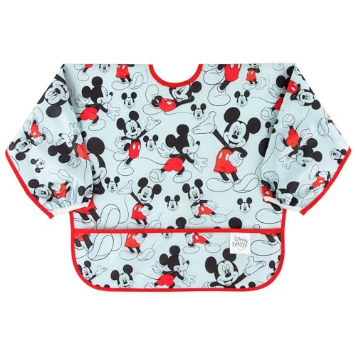 Image of Bumkins Disney Bibs, Baby and Toddler Girls and Boys 6-24 Months, Long Sleeve, Essential Must Have for Eating, Feeding, Mess Saving Lightweight Waterproof Fabric Sleeved Smock, Mickey Mouse Classic
