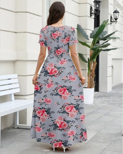 Image of COSSEN Women's Crew Neck Short Sleeve Maxi Dress with Pockets Casual Loose Swing for Wedding Guest Beach Vacation