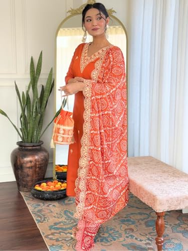 Image of Naixa Women's Viscose Embroidered Straight Kurta with Viscose Pant and Silk Blend Embroidered Laced Dupatta Sets (Available in Plus Size)