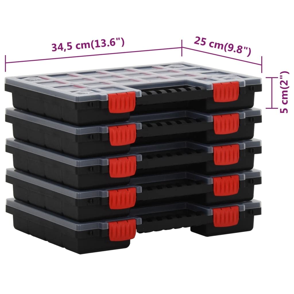 Sortimentskästen Set mit transparentem Deckel PP Sortierboxen 34,5 x 25 x 5 cm, 5er Pack, verstellbare Trennwände für Kleinteile in Werkstatt Garage