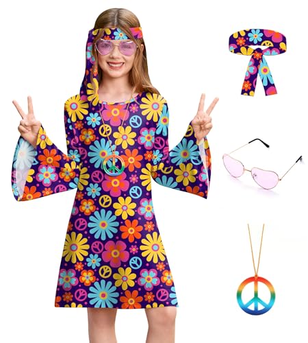 Girls Halloween Bell Sleeve Hippie 70s 80s Floral Outfit Retro Dress with Headband Purple 8 Years