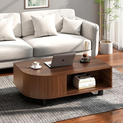 Mid-Century Modern 39.4" Coffee Table - Leaf-Shaped Wood Center T...