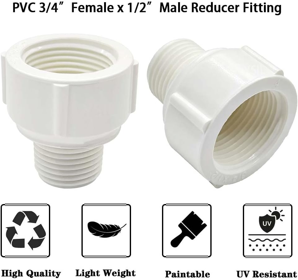 YSIL PVC Pipe Fitting 1/2" Male to 3/4" Female Thread Reducer Bushing 6PCS | Coupling Adapter Connectors for Connecting Pipe