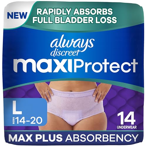 Always Discreet MaxiProtect Adult Diapers for Women, Incontinence Underwear, Scented, Postpartum Essentials, Bladder Leak Protection, Disposable Briefs, Maximum Plus Absorbency, Size L, 14 Count